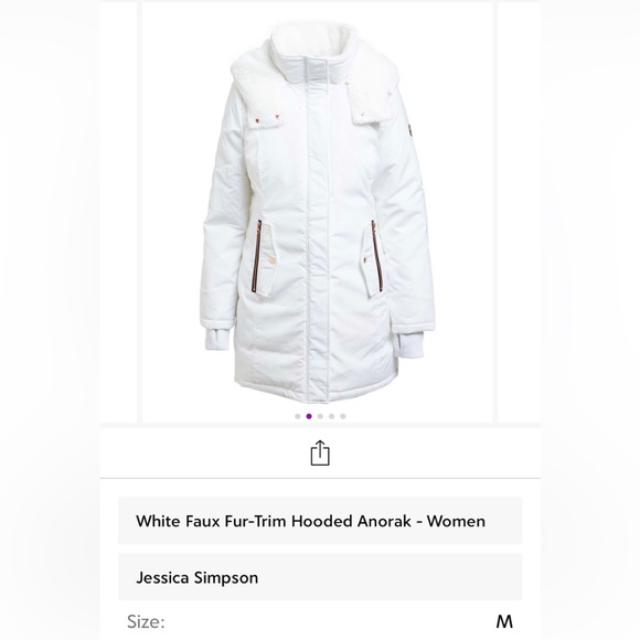 Brand New:  Jessica Simpson White Faux Fur-Trim Hooded Anorak - Picture 2 of 5